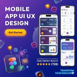 May include: A digital graphic advertising mobile app UI UX design services. The image shows smartphone mockups displaying design elements, with the text "MOBILE APP UI UX DESIGN" and "Get Started". The graphic includes the text "DELIVERING VALUE TO HUNDREDS PIXEL-PERFECT RESULTS (728)" and "TRANSFORM YOUR IDEAS NOW".