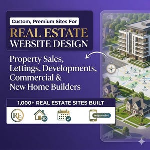 Puede incluir: Un gráfico digital que promociona servicios de diseño de sitios web inmobiliarios. La imagen presenta el texto "REAL ESTATE WEBSITE DESIGN" y "Property Sales, Lettings, Developments, Commercial & New Home Builders". La imagen también incluye un mapa e ilustraciones de casas.