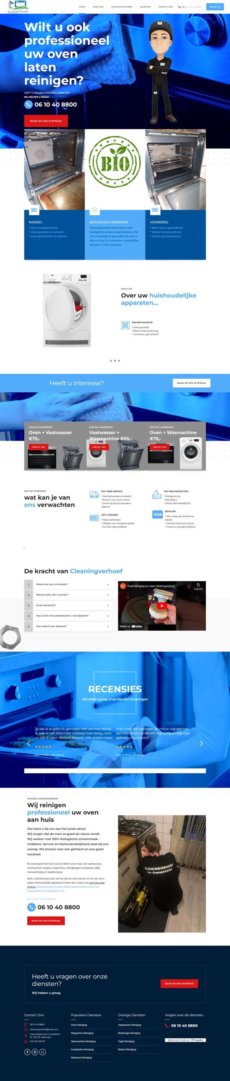 Op de afbeelding: Schermafbeelding van een website die professionele ovenreinigingsdiensten promoot. De pagina bevat afbeeldingen van schone ovens, een bio-logo en contactgegevens. Bevat een cartoonfiguur en een telefoonnummer.