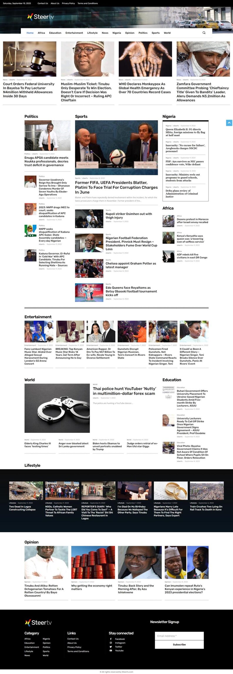 Op de afbeelding: Een screenshot van de Steertv-website met nieuwsartikelen over verschillende onderwerpen. Koppen behandelen politiek, sport en entertainment, waaronder een verhaal over een YouTuber en een forex-oplichting. De site heeft een eenvoudig zwart-wit ontwerp.