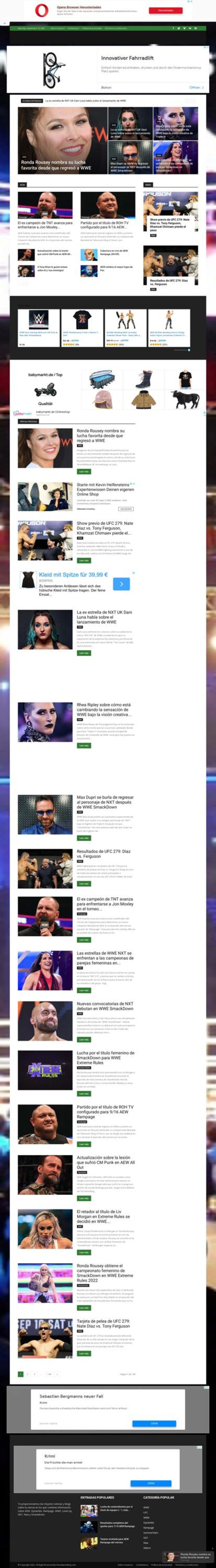 Op de afbeelding: Een webpagina met nieuwsartikelen en productlijsten. Koppen omvatten sport, entertainment en e-commerce. De site heeft een overzichtelijke lay-out met een witte achtergrond en diverse afbeeldingen.