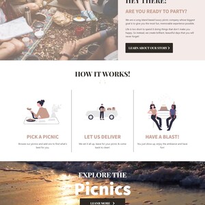 Op de afbeelding: Een website die luxe picknicks promoot, met een gezin dat picknickt in een lavendelveld. De site biedt picknickpakketten, bezorging en opzetservices. Tekst bevat "Explore the Picnics" en "Annversies."
