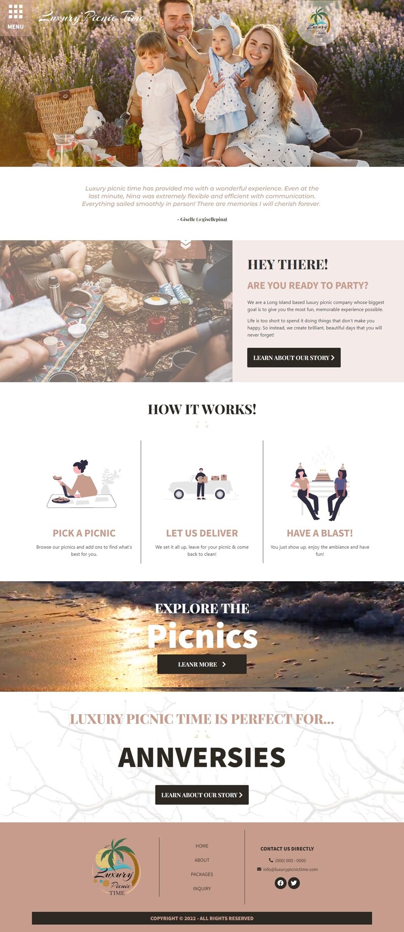 Op de afbeelding: Een website die luxe picknicks promoot, met een gezin dat picknickt in een lavendelveld. De site biedt picknickpakketten, bezorging en opzetservices. Tekst bevat "Explore the Picnics" en "Annversies."