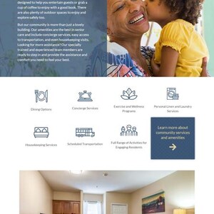 Op de afbeelding: Een webpagina voor Arbor Terrace at Cascade, een senioren gemeenschap. De site biedt informatie over begeleid wonen, geheugenverzorging en gemeenschapsvoorzieningen, met afbeeldingen van bewoners en faciliteiten.