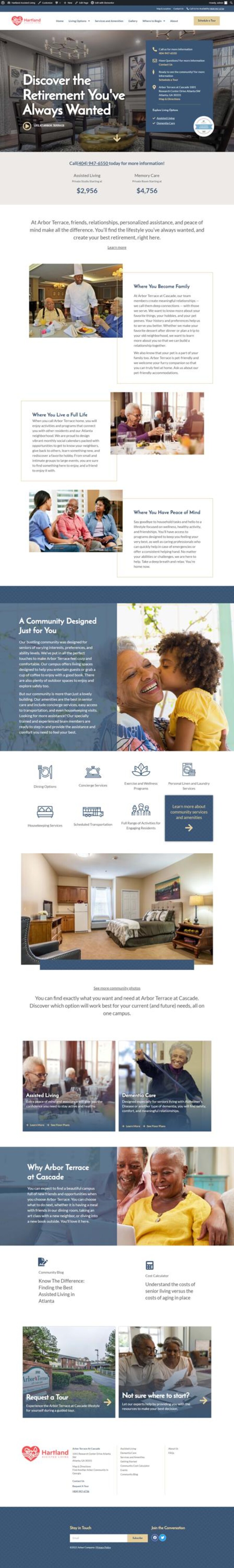 Op de afbeelding: Een webpagina voor Arbor Terrace at Cascade, een senioren gemeenschap. De site biedt informatie over begeleid wonen, geheugenverzorging en gemeenschapsvoorzieningen, met afbeeldingen van bewoners en faciliteiten.