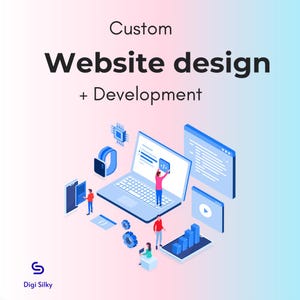 May include: An isometric illustration with the text "Custom Website design + Development." The image shows a laptop, smartphone, smartwatch, and other digital elements. Small figures are positioned around the devices, suggesting web design and development.