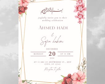 Muslim Nikkah & Walima Invitation Template, Modern Floral Wedding Card Editable for Canva