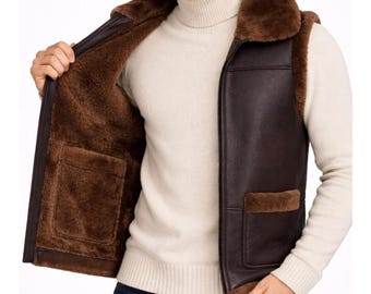 Handmade Men's Leather Vest – Chocolate Brown Sheepskin Motorcycle Vest – Genuine Shearling Biker Winter Waistcoat
