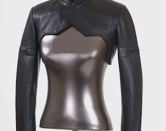 Black Lambskin Leather Shrug - Cropped Bolero Jacket, Evening Wear
