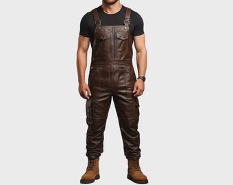 Handmade Brown Leather Overalls - Men's Biker Jumpsuit with Cargo Pockets