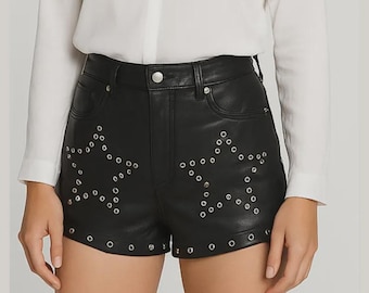 Handmade Studded Leather Shorts, High Waist Goth Punk Festival Style