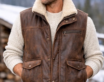 Handmade Shearling Collar Leather Vest – Two-Tone Brown Biker Waistcoat