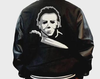 Michael Myers Varsity Jacket Wool & Leather Halloween Horror Movie Bomber Jacket Spooky Streetwear Coat