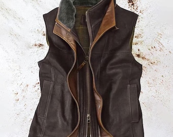 Handmade Men's Leather Vest – Chocolate Brown Sheepskin Motorcycle Vest – Genuine Shearling Winter Biker Waistcoat
