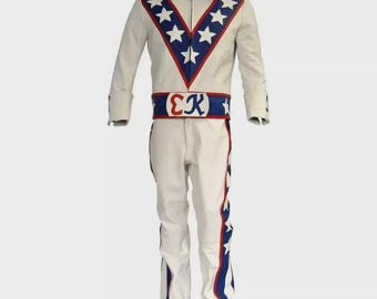 Handgemaakte leren jumpsuit van Evel Knievel – witte motorfiets-cosplaykostuum – vintage outfit voor stuntrijder