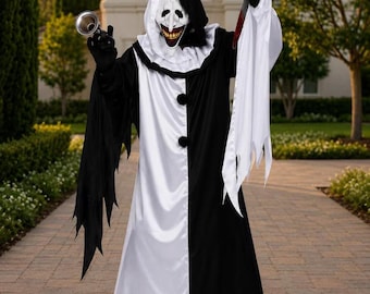 Scary Black White Killer Clown Costume Adult Horror Halloween Cosplay Outfit Creepy Jester Handmade Costume