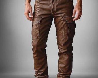 Men’s Distressed Sheepskin Leather Cargo Pants, Genuine Leather Motorcycle Pants, Biker Streetwear, Handmade Vintage Style