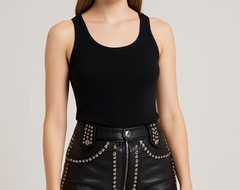 Handmade Studded Sheep Leather Shorts, High-Waist Goth Biker Style