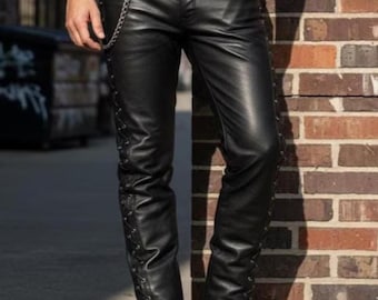 Men’s Slim Fit Lambskin Leather Biker Pants, Side Laces, Motorcycle Pants, Handmade Leather Streetwear, Vintage Biker Style