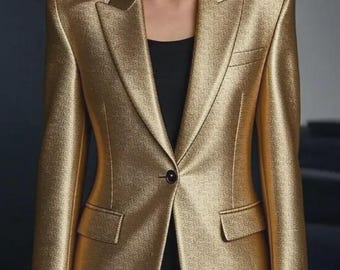Handmade Champagne Gold Leather Blazer - Metallic Party Jacket