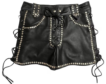 Genuine Leather Studded Shorts, High Waist Goth Biker Hot Pants