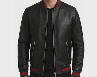 Men's Black Leather Bomber Jacket: Designer Style with Striped Trim