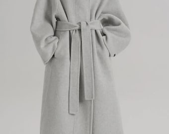 Women Long Wool Coat Belted Minimalist Winter Overcoat Light Grey Handmade Trench