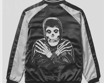 Misfits Satin Varsity Jacket: Black & Gray Bomber, Cosplay Streetwear