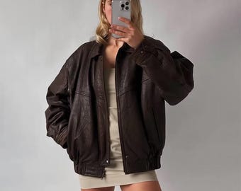 Handmade 90s Oversized Leather Bomber Jacket – Retro Brown Sheepskin Jacket – Vintage Streetwear Outerwear