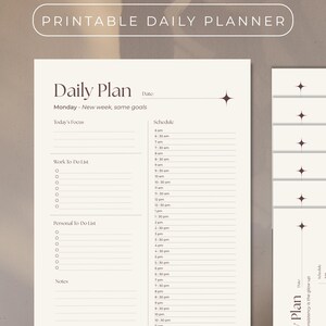 May include: Printable daily planner with a minimalist design. The planner features sections for daily plans, to-do lists, and notes. The text "Daily Plan" is displayed prominently, along with the text "Monday - New week, same goals".