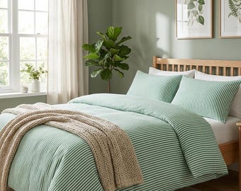 Organic Cotton Duvet Cover Set with Pillow Cases, Forest Green Stripe Cotton Soft Fabric