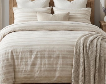 Organic Cotton Duvet Cover Set with Pillow Cases, Sand Beige Beige Stripe Cotton Soft Fabric