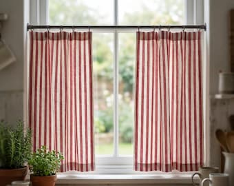 Cafe Curtain for Kitchen Window, Striped Light Filtering Curtain, Farmhouse Cottage Tier Curtain, Linen Look Half Window Panel, Cotton Linen