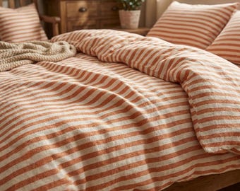 Ensemble housse de couette en coton bio avec taies d'oreiller, tissu doux en coton à rayures orange