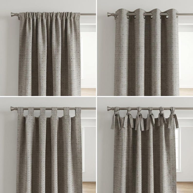 May include: A set of four light gray curtains featuring a subtle textured dot pattern. The panels are displayed on a metal rod with four different hanging styles: a gathered rod pocket, metal grommets, fabric tabs, and decorative tie-top knots.