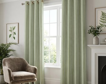Cotton Linen Green Stripe Curtain: Home Decor French Country Curtain Panel, Tie Top, Tab Top, Rod Pocket, Grommet