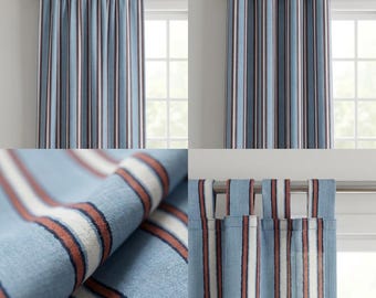 Blue Chambray Stripe Cotton Curtain Panel, Rod Pocket Tie Top or Tab Top Hook & Ring Back Tab For Curtain Track, Custom Curtains