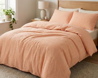 Organic Cotton Duvet Cover Set with Pillow Cases, Orange Stripe Cotton Soft Fabric