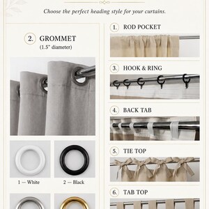 May include: An informational chart titled CURTAIN HEADING OPTIONS displaying seven styles: rod pocket, grommet with 1.5 inch diameter, hook and ring, back tab, tie top, tab top, and curtain track. Includes four grommet colors: white, black, silver, and gold.