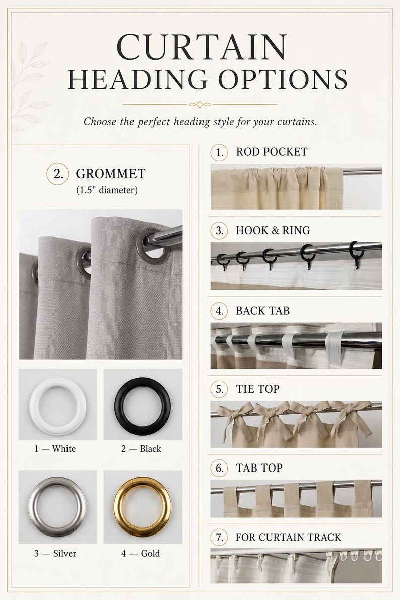 May include: An informational chart titled CURTAIN HEADING OPTIONS displaying seven styles: rod pocket, grommet with 1.5 inch diameter, hook and ring, back tab, tie top, tab top, and curtain track. Includes four grommet colors: white, black, silver, and gold.
