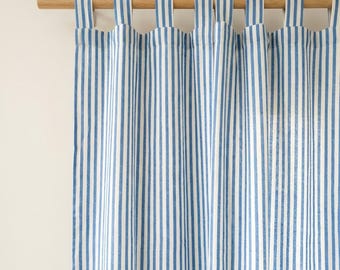 French Style Curtain Blue Stripe Cotton Curtain Panel, Tie Top Tab Top Rod Pocket Grommet, Farmhouse Curtain