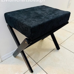 Foldable Foot Stool with Bamboo X Legs & Thick Foam Cushion | Handmade Foot Stool | Wooden Footstool | Coffee Table Stool
