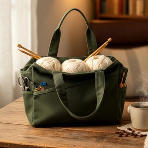 Yarn Project Bag Crochet Tote With Pockets – Forest Green