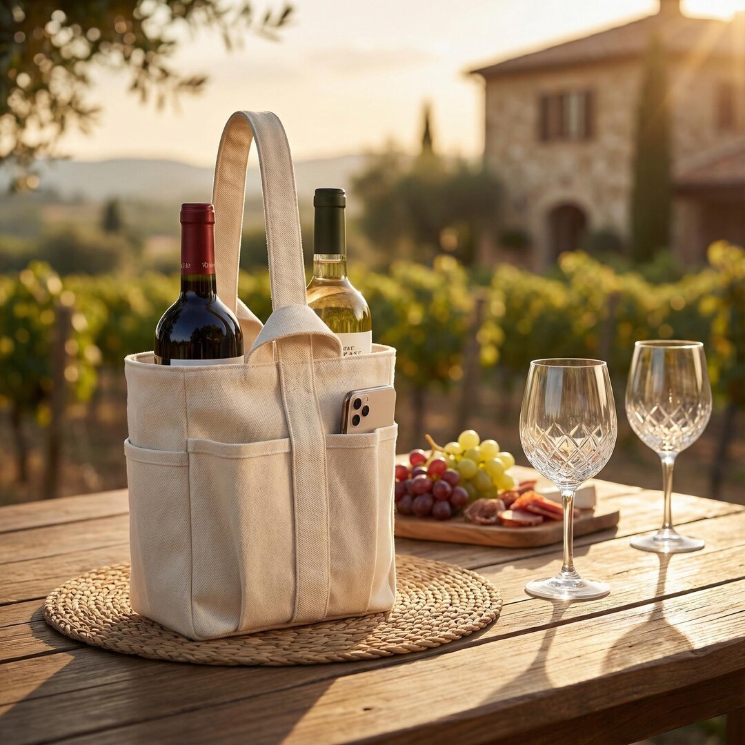 2 Bottle Wine Tote Bag Cotton Carrier With Pockets - Etsy