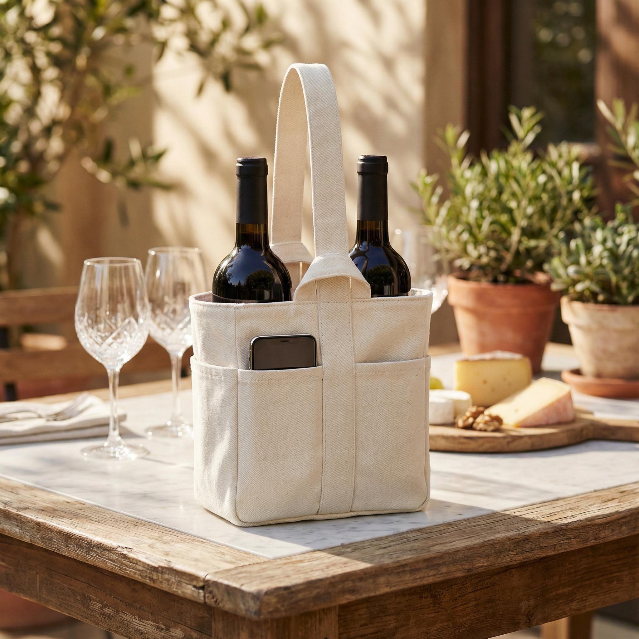 2 Bottle Wine Tote Bag Cotton Carrier With Pockets - Etsy