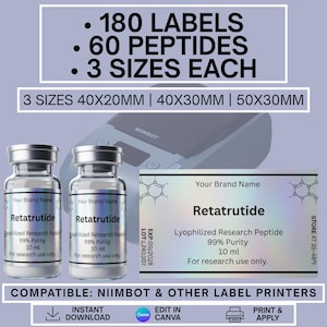 Op de afbeelding: Een set van 180 labels voor 60 peptiden in drie maten: 40x20mm, 40x30mm en 50x30mm. De labels bevatten de tekst Retatrutide, Lyophilized Research Peptide, 99% Purity, 10 ml en For research use only. Compatibel met Niimbot-printers.