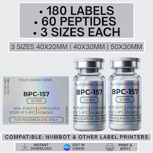 Könnte beinhalten: Eine digitale Vorlage für 180 Etiketten mit 60 Peptiden in drei Größen: 40x20mm, 40x30mm und 50x30mm. Die holografischen Etiketten zeigen BPC-157 10 MG, 99% Reinheit, lyophilisiertes Pulver und for research use only. Kompatibel mit Niimbot-Druckern.