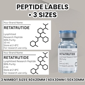 May include: Image of peptide labels with the text "PEPTIDE LABELS • 3 SIZES". The labels include the text "RETATRUTIDE", "Lyophilized Research Peptide", and "99% Purity". The image also shows a vial with a label and the text "3 NIIMBOT SIZES 40X20MM | 40X30MM | 50X30MM".