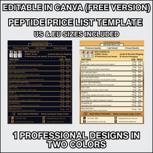 May include: An editable Canva peptide price list template featuring two professional designs in black and gold color schemes. The layout includes sections for brand name, peptide names, sizes, prices, and contact information, with US and EU sizes included.