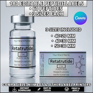 Peut inclure: Un modèle numérique pour 180 étiquettes de peptides modifiables, comprenant 60 designs en 3 tailles : 40x20 mm, 40x30 mm et 50x30 mm. Les étiquettes affichent le texte Retatrutide, 2 ml, Purity 99%, Research use only, Not for human use.